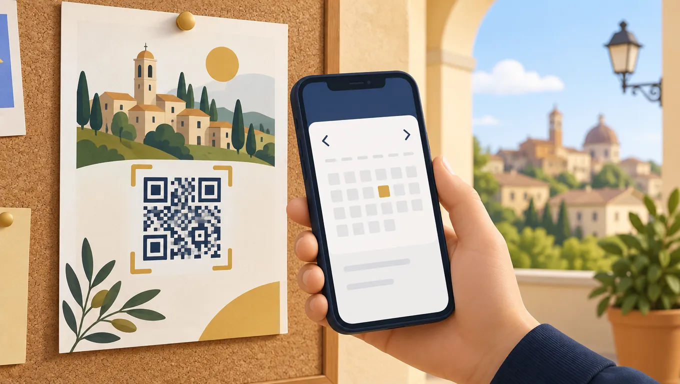 Mano con smartphone inquadra il QR di un volantino ripetizioni e vede un calendario di orari liberi