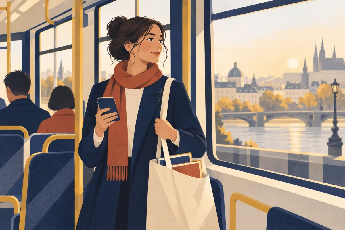 Illustrazione di una docente in piedi sul tram con il telefono in mano e la borsa dei quaderni a tracolla, mentre guarda fuori dal finestrino