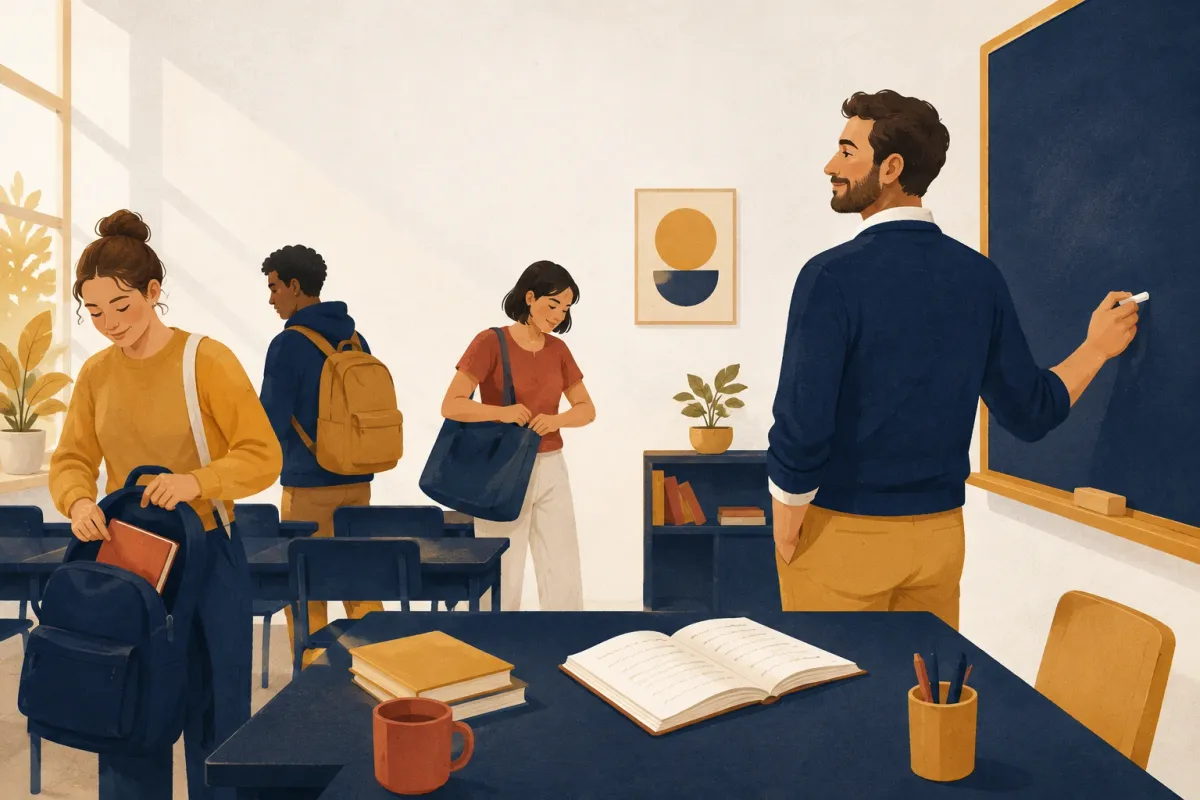 Illustrazione di un'aula a fine lezione: il docente scrive alla lavagna mentre gli studenti raccolgono le borse, e sulla cattedra resta il quaderno aperto