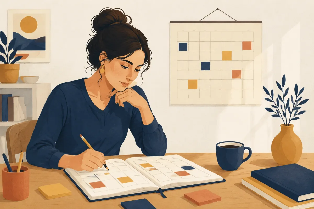 Illustrazione di una docente che segna le lezioni del mese su un'agenda aperta alla scrivania, con il calendario appeso alla parete