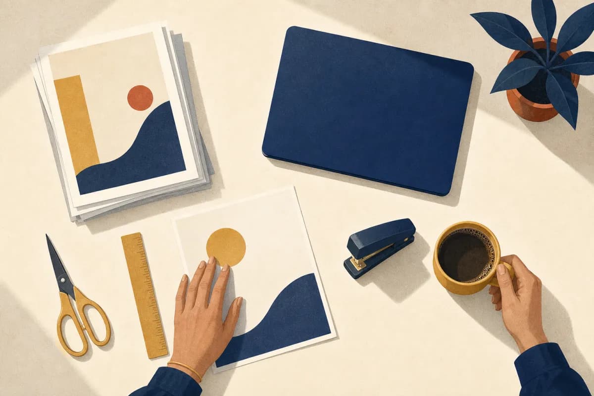 Illustrazione di una scrivania vista dall'alto con fogli, forbici, righello, cucitrice, un computer portatile chiuso e una tazza di caffè