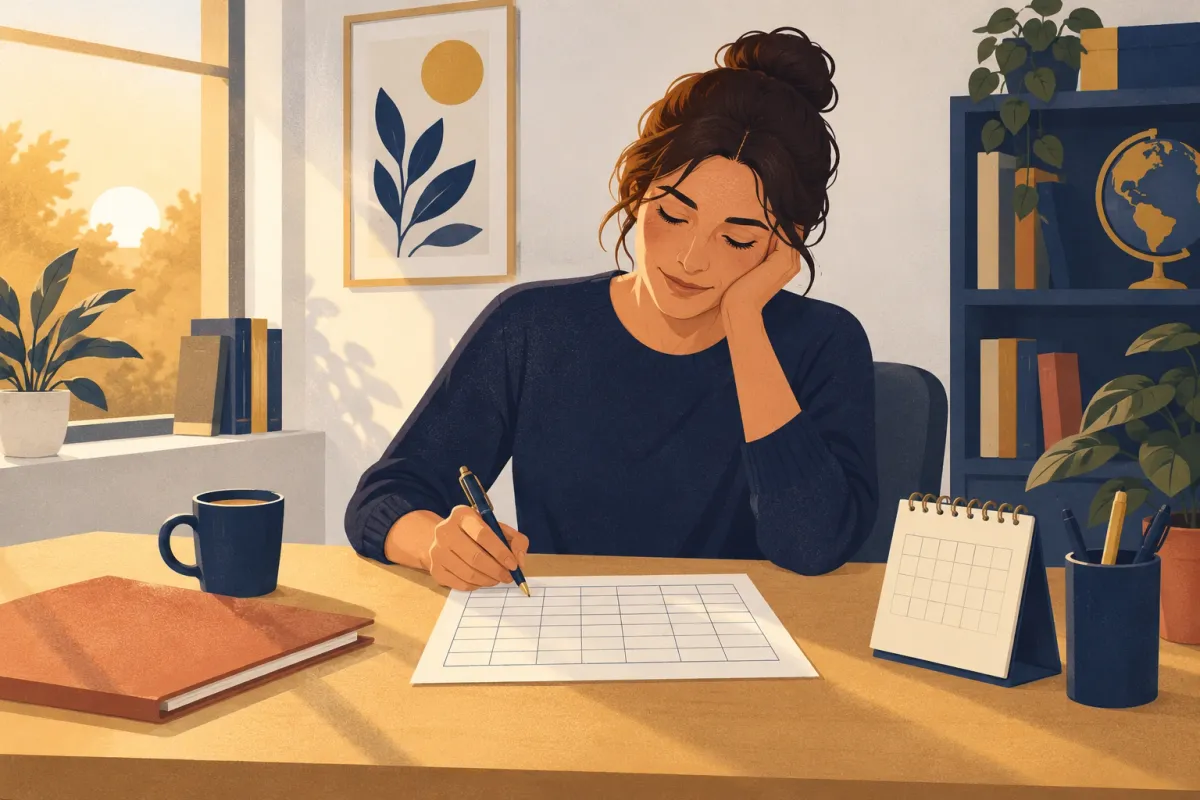 Illustrazione di una docente alla scrivania che compila a penna una griglia di ore su un foglio a quadretti, con il calendario da tavolo accanto