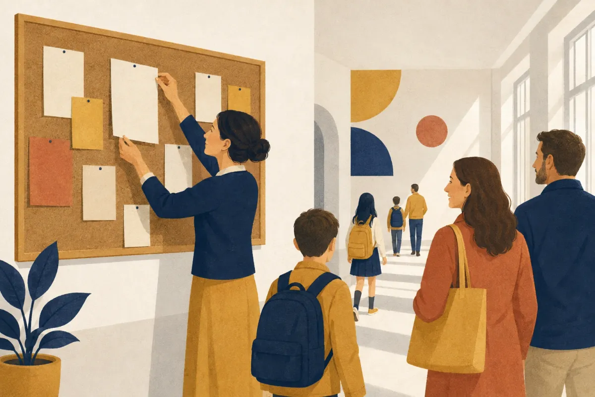 Illustrazione di una docente che affigge i fogli di una circolare nella bacheca del corridoio della scuola, mentre uno studente e due genitori passano