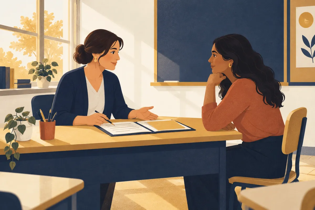 Illustrazione di una docente e di una mamma sedute una di fronte all'altra al banco di un'aula luminosa, durante un colloquio