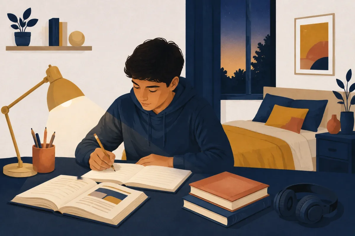 Illustrazione di uno studente che fa i compiti alla scrivania della sua camera, con la lampada accesa, i libri aperti e il quaderno