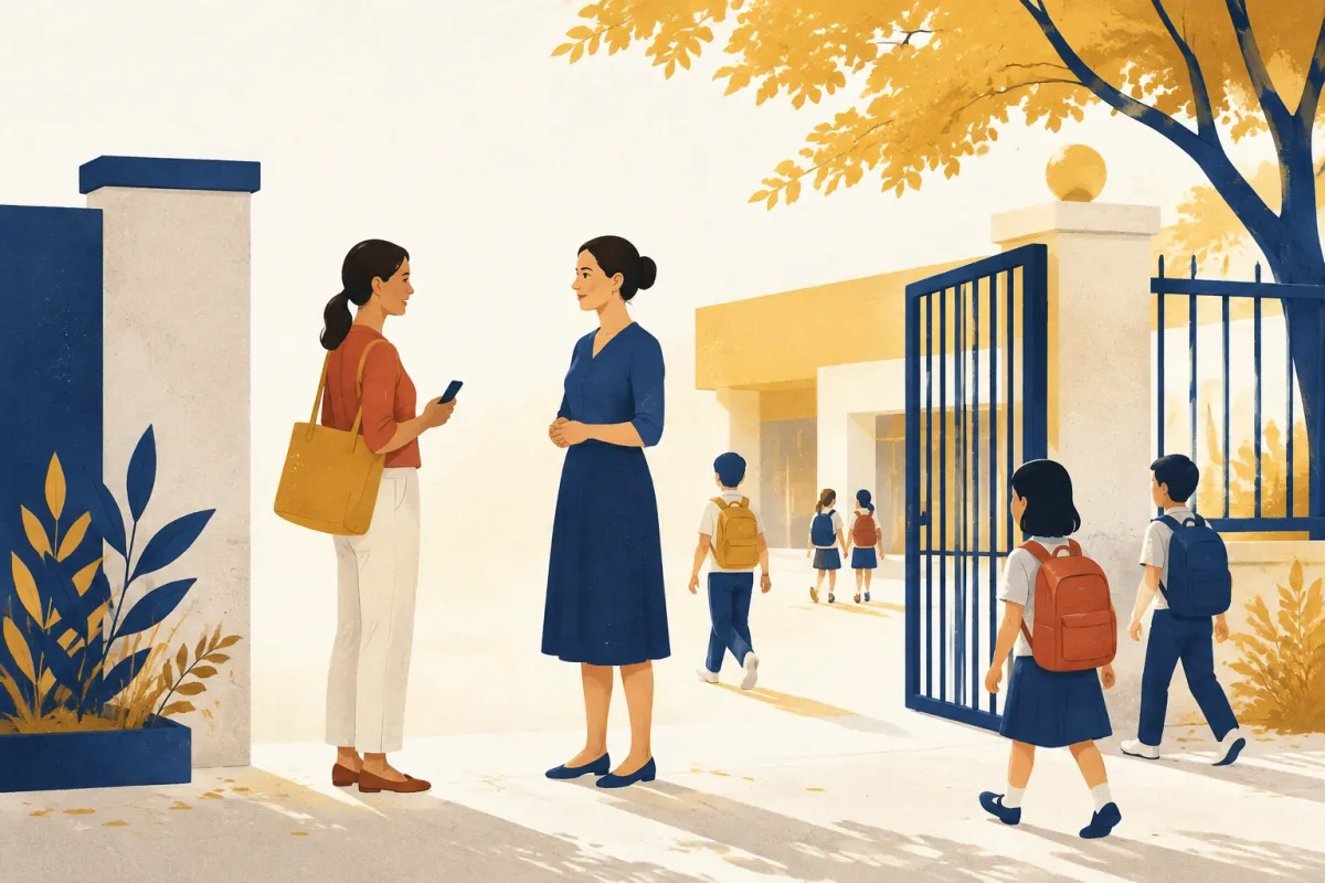 Illustrazione di una docente seduta alla cattedra di un'aula vuota che risponde dal telefono al messaggio di un genitore