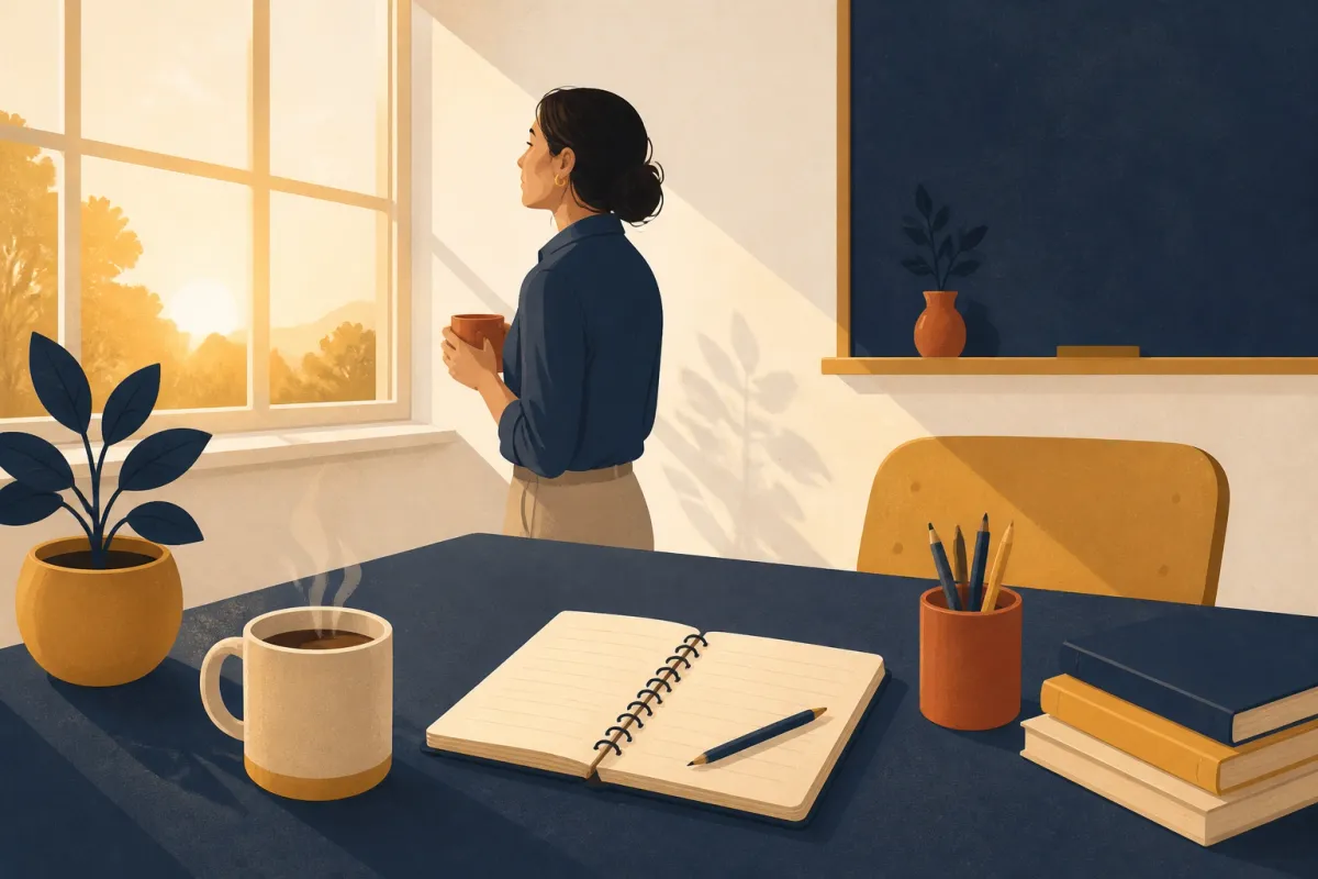 Illustrazione di una docente con la tazza in mano davanti alla finestra all'alba, con il quaderno aperto e la matita sulla scrivania