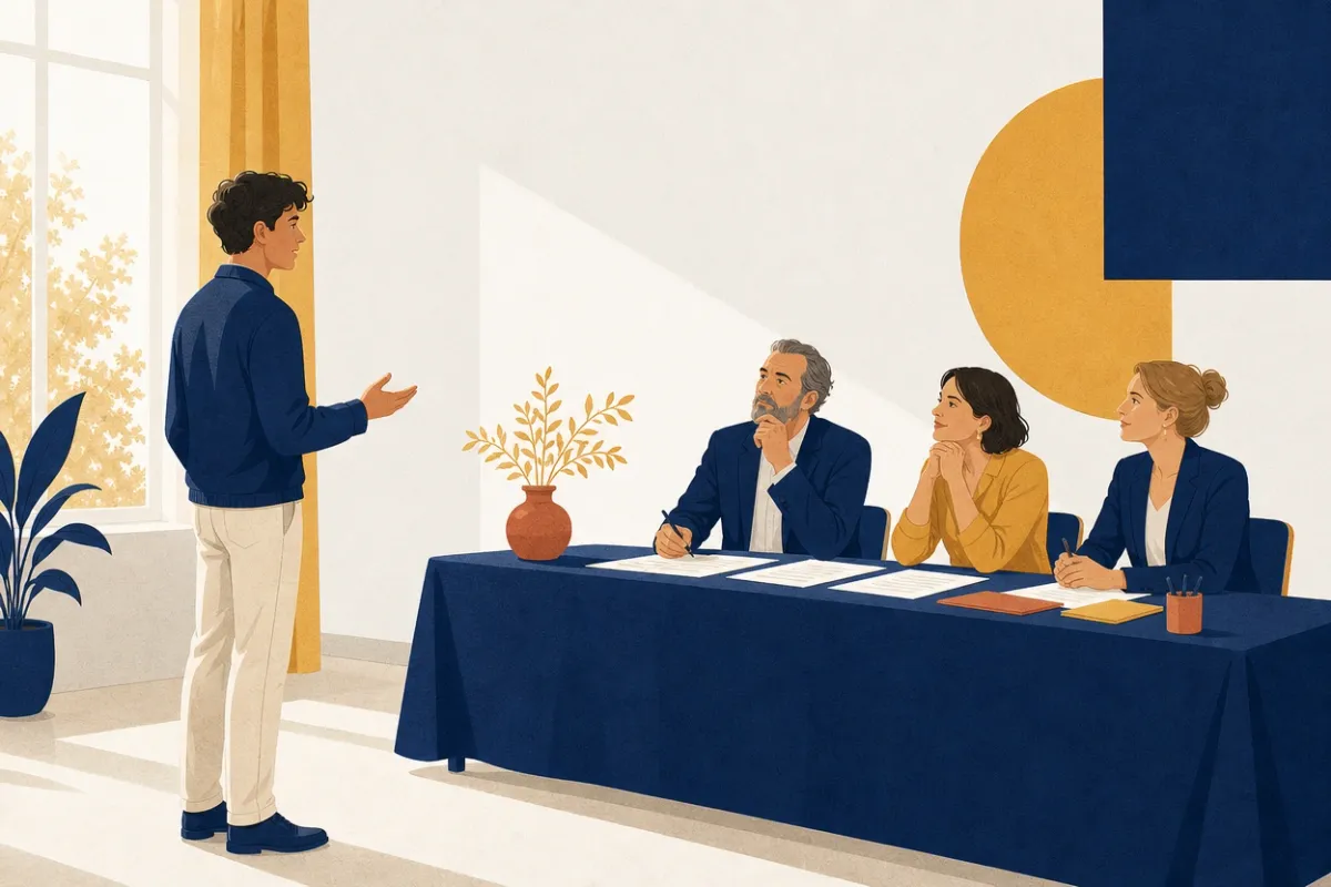 Illustrazione di uno studente in piedi che sostiene un esame orale davanti a tre docenti seduti a un tavolo con i fogli delle prove