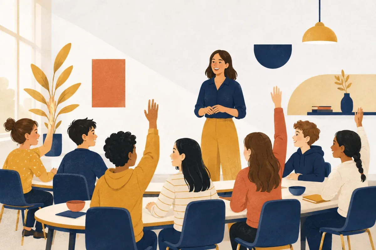 Illustrazione di una docente davanti alla classe seduta ai tavoli, con tre studenti che alzano la mano per rispondere a una domanda