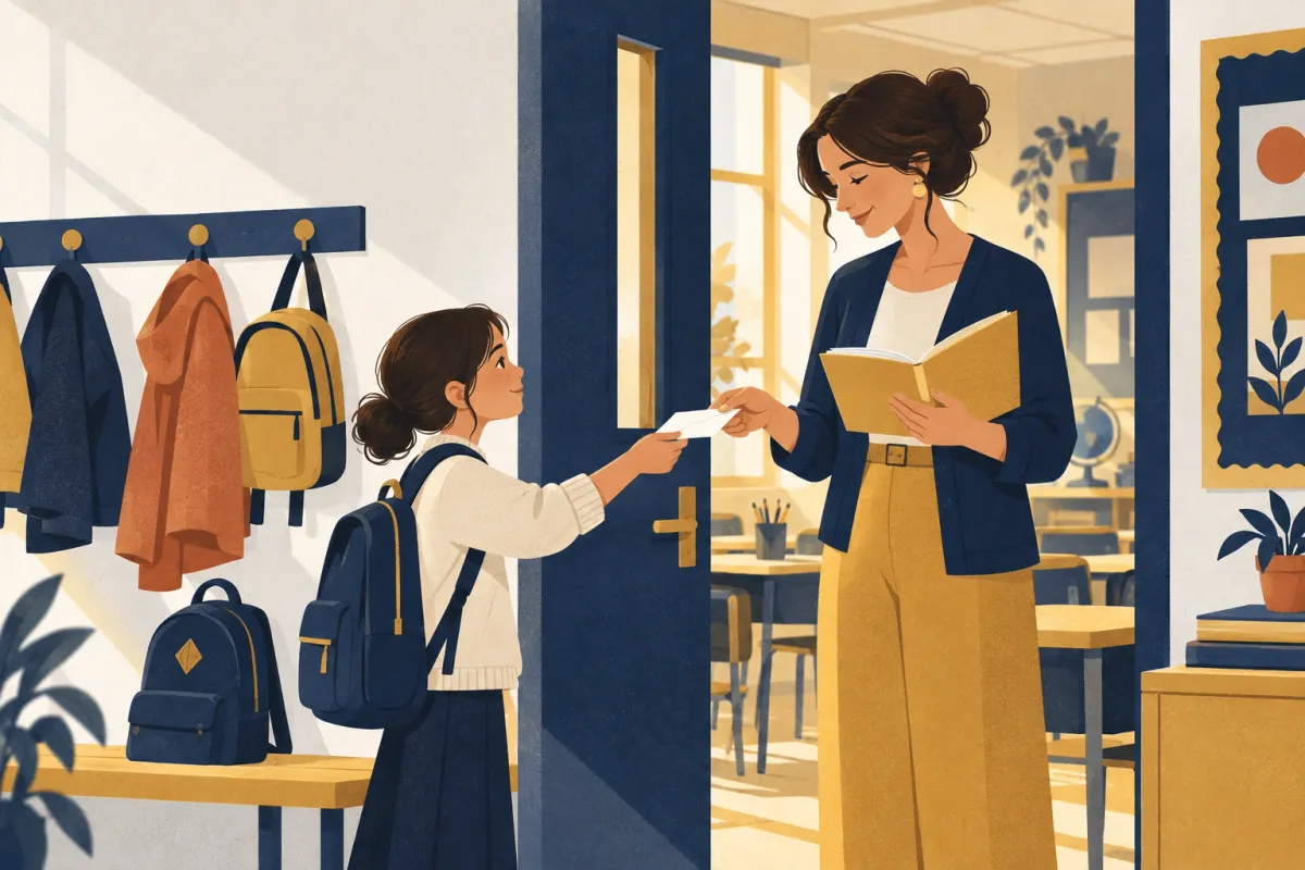 Illustrazione del vecchio modo di giustificare: una studentessa con lo zaino consegna a mano un biglietto alla docente sulla porta dell'aula