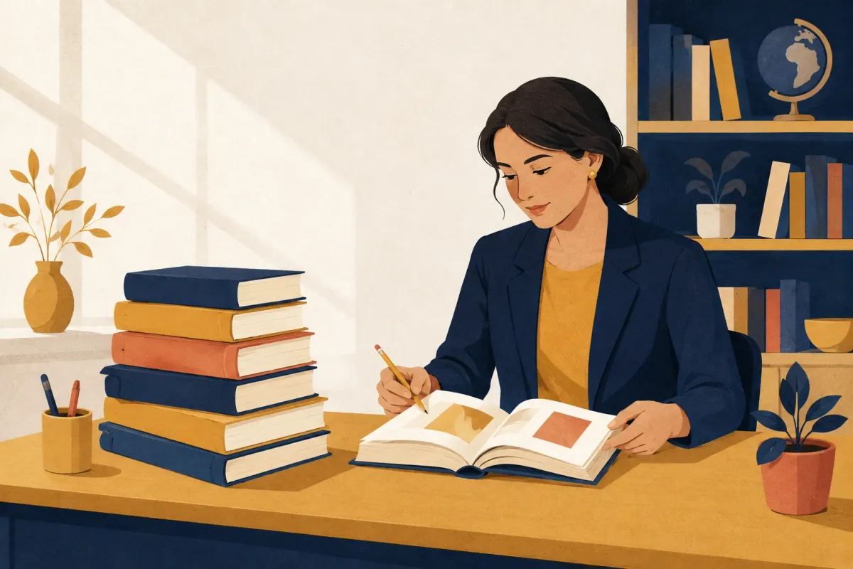 Illustrazione di una docente alla scrivania che sfoglia un libro di testo accanto a una pila di volumi, con la libreria alle spalle