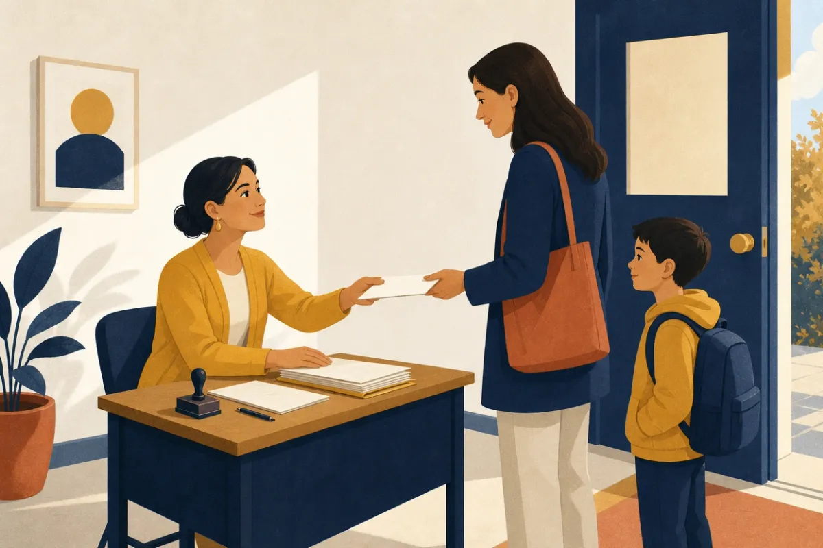 Illustrazione di una docente alla scrivania che consegna un modulo a una mamma arrivata a scuola con il figlio, accanto a una pila di fogli