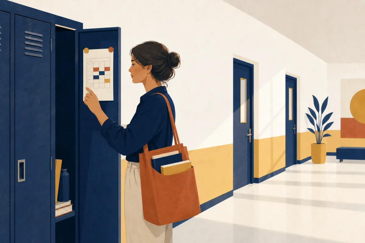 Illustrazione di una docente nel corridoio della scuola che guarda la griglia dell'orario appesa dentro l'armadietto, con la borsa dei libri a tracolla