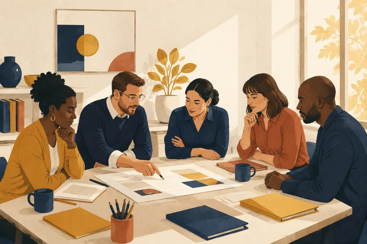 Illustrazione di tre docenti che guardano insieme lo stesso registro attorno a un tavolo della sala insegnanti