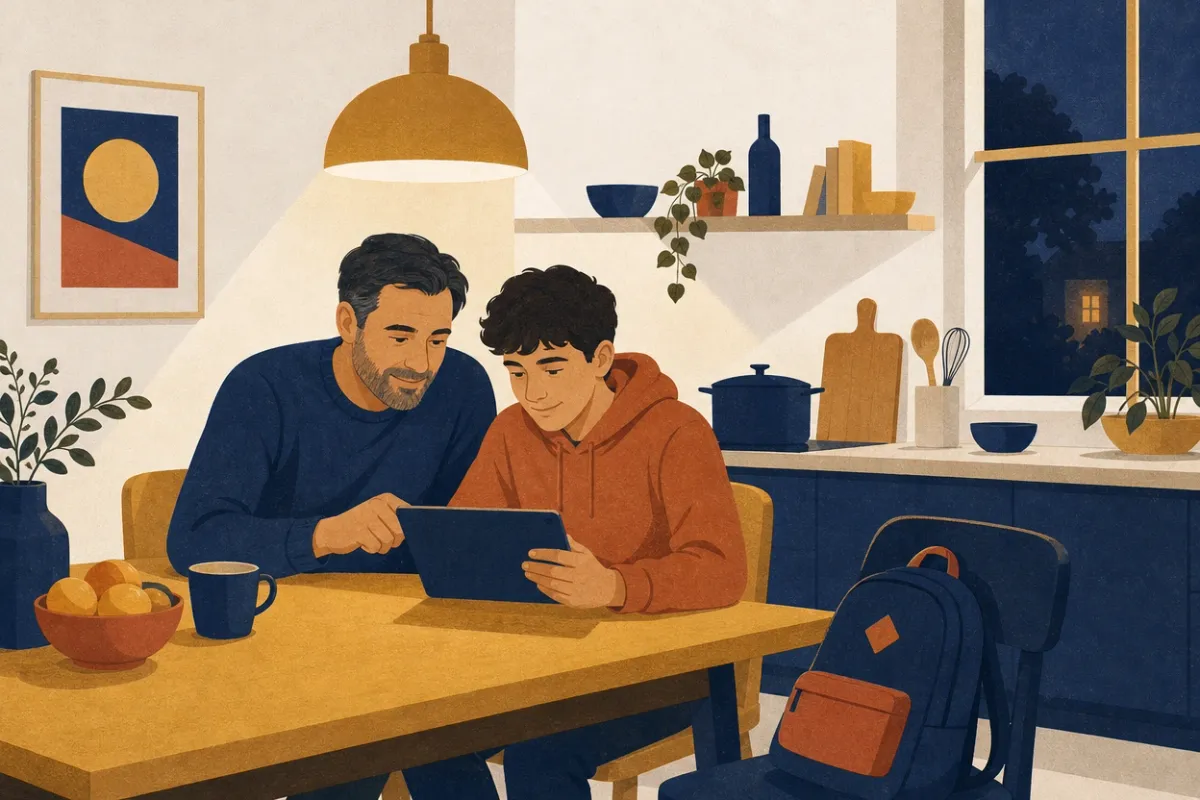 Illustrazione di una famiglia seduta al tavolo di casa che guarda insieme il telefono, con i quaderni di scuola aperti accanto