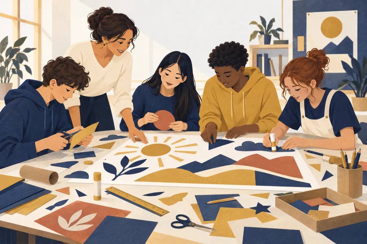 Illustrazione di studenti che lavorano insieme a un progetto di classe attorno a un tavolo, con la docente che segue il lavoro