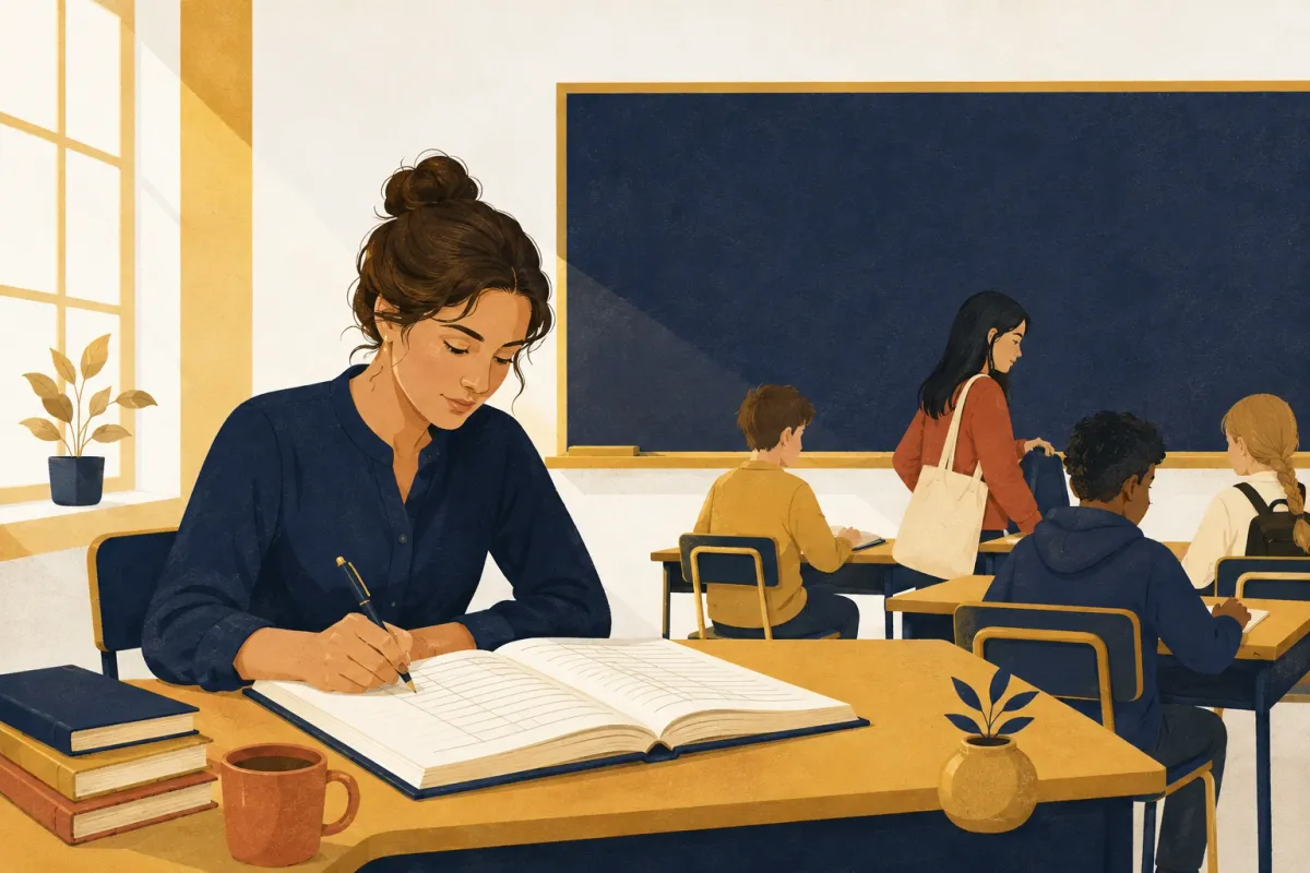Illustrazione di una docente che scrive sul registro cartaceo alla cattedra, con la classe alle spalle e la lavagna dietro