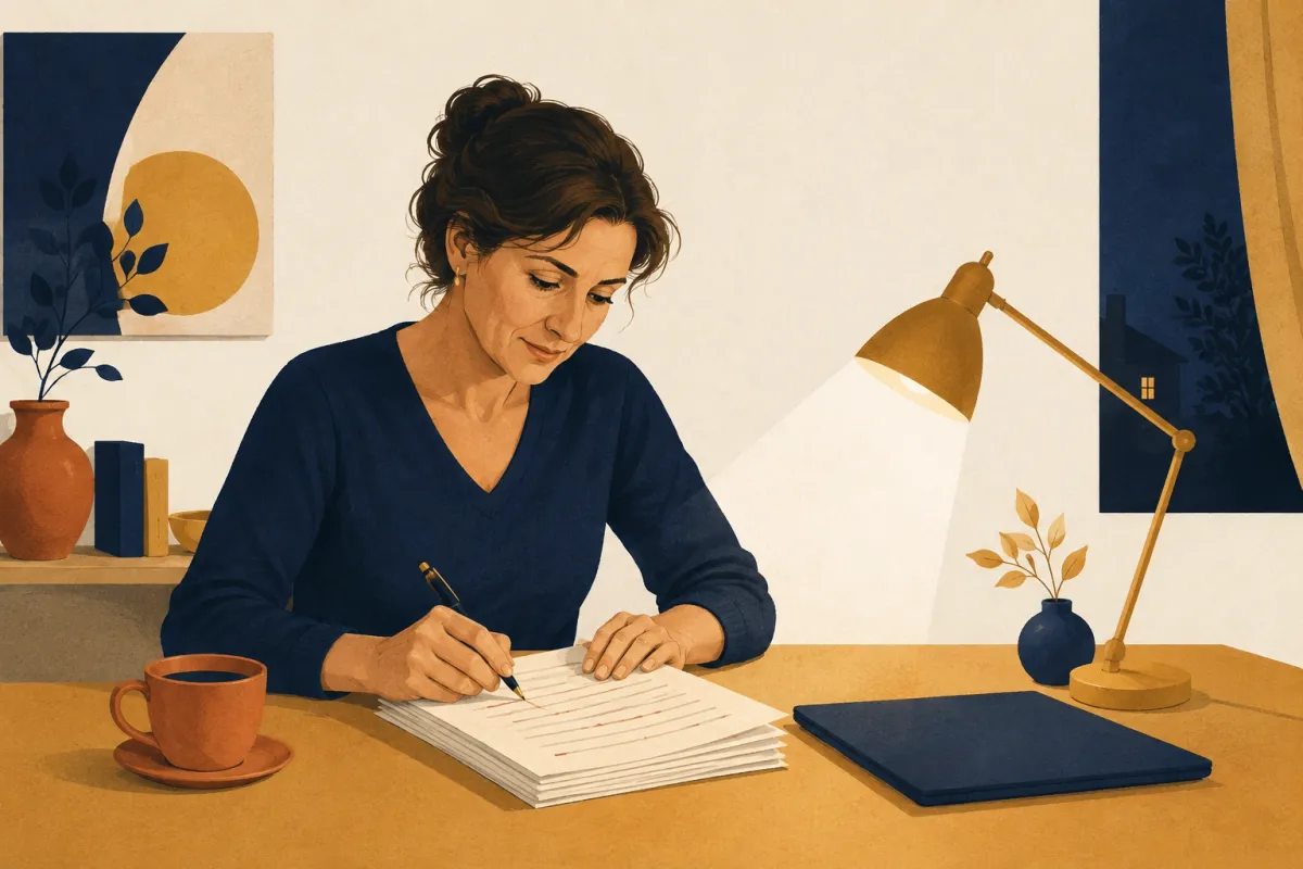 Illustrazione di una docente che corregge una pila di verifiche alla scrivania, con la lampada accesa e la tazza di caffè accanto