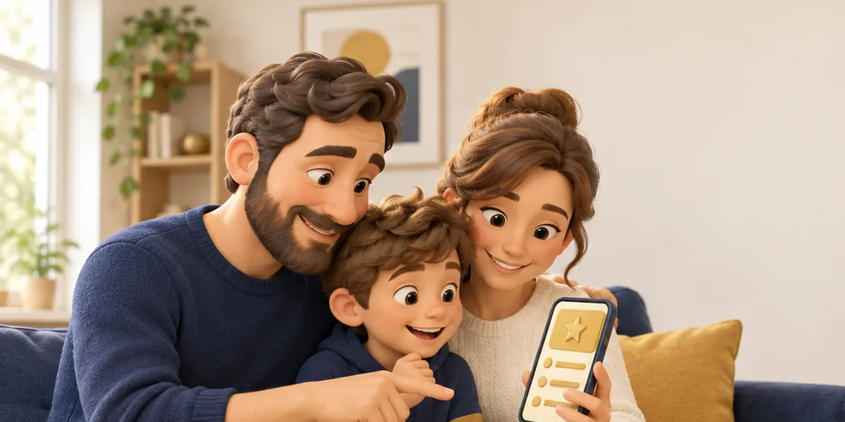 Un papà, una mamma e il figlio guardano insieme i voti sul telefono