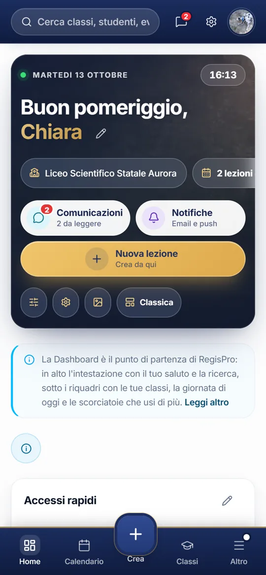 La Dashboard di RegisPro dal telefono nel registro di prova: saluto, lezioni di oggi, comunicazioni e Nuova lezione
