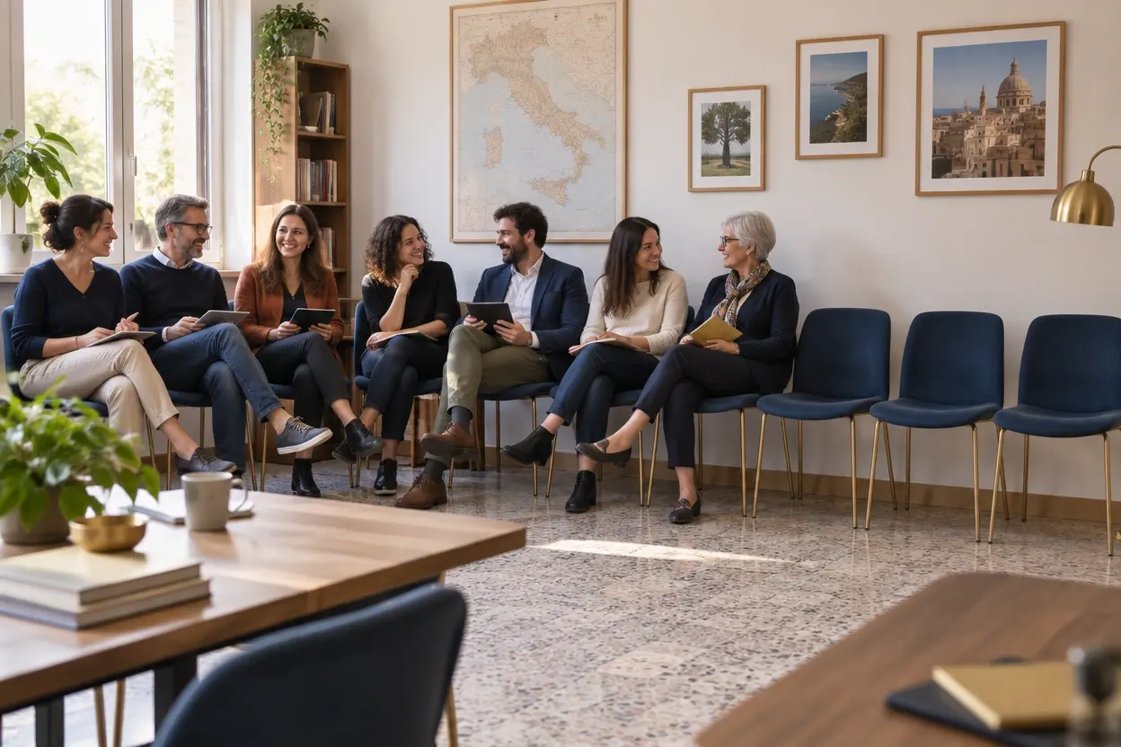 Un gruppo di docenti della stessa scuola seduti in cerchio, con alcune sedie ancora libere accanto a loro