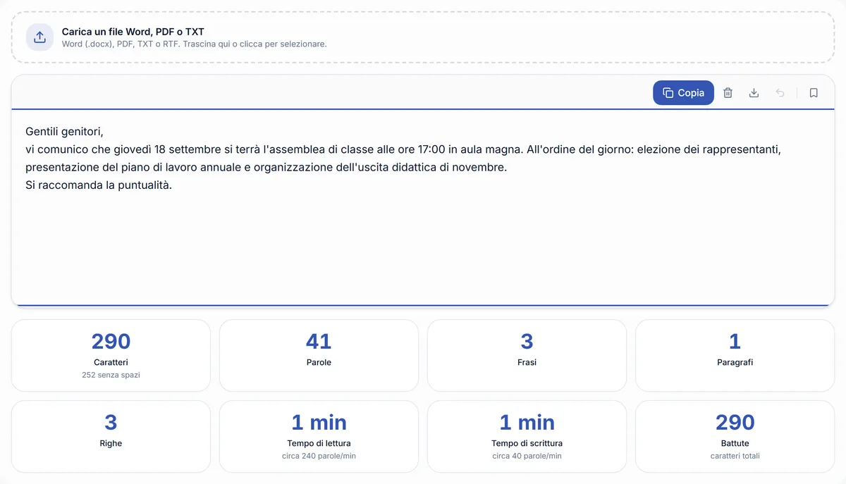 Il contatore di caratteri di RegisPro mentre analizza una comunicazione alle famiglie: mostra 290 caratteri, 252 senza spazi, 41 parole, 3 frasi e il tempo di lettura, tutti aggiornati mentre si scrive.
