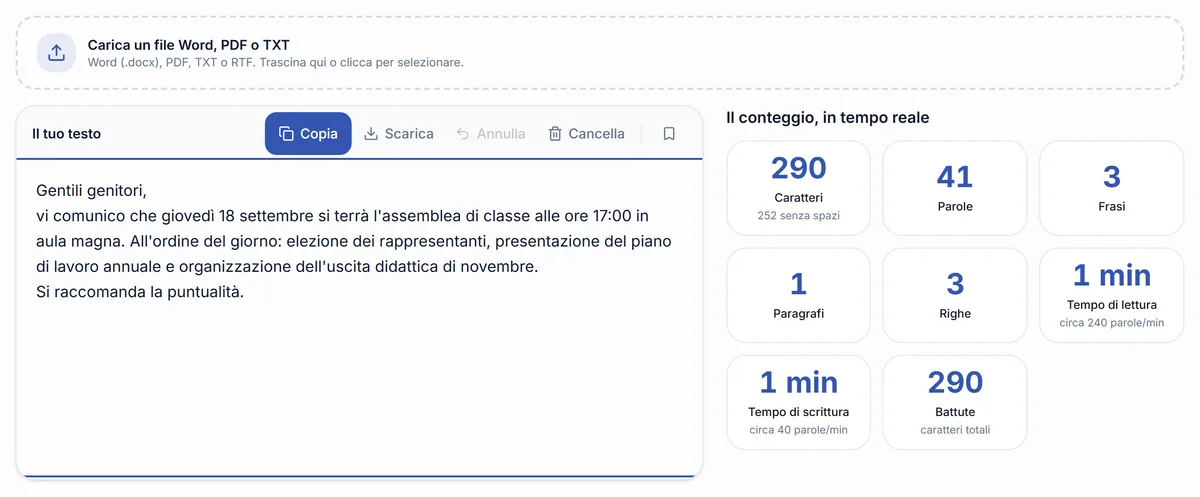 Il contatore di caratteri di RegisPro mentre analizza una comunicazione alle famiglie: mostra 290 caratteri, 252 senza spazi, 41 parole, 3 frasi e il tempo di lettura, tutti aggiornati mentre si scrive.