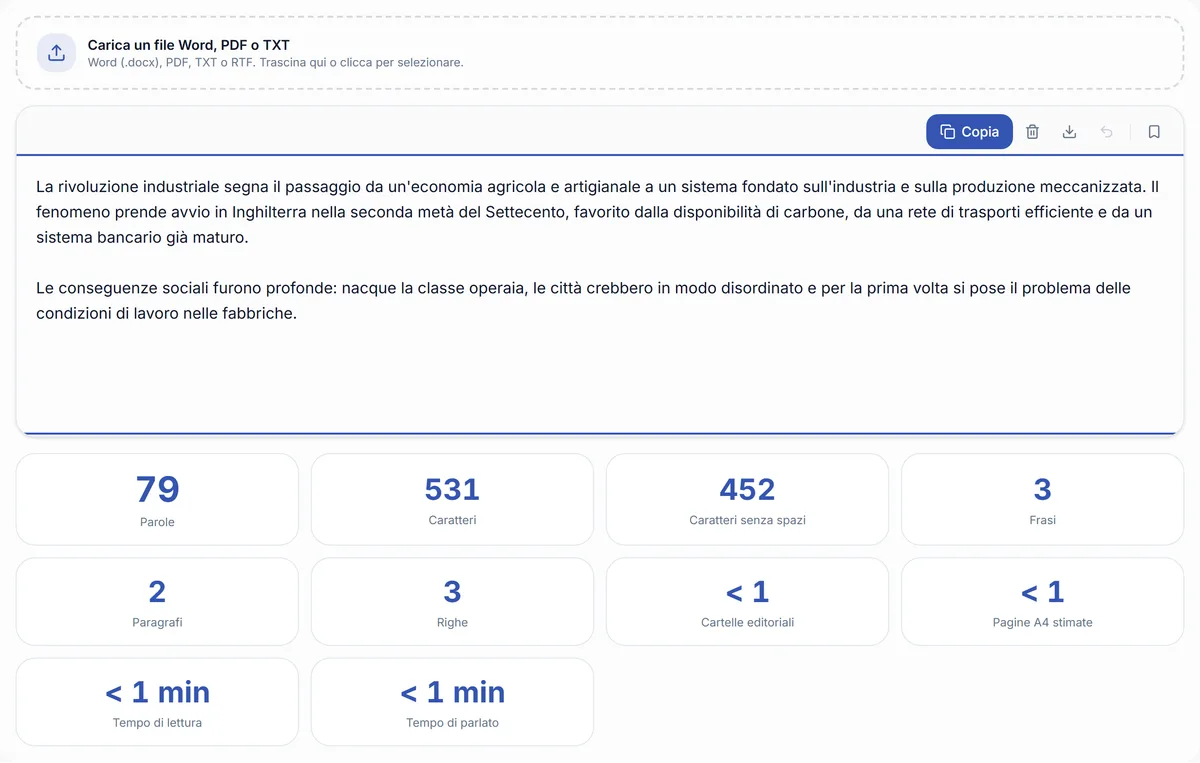 Il contatore di parole di RegisPro applicato al testo di una lezione di storia: restituisce numero di parole, caratteri, cartelle editoriali e tempo di lettura stimato.