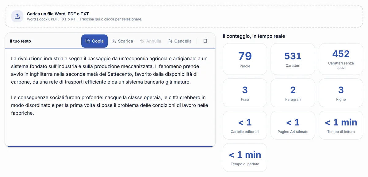Il contatore di parole di RegisPro applicato al testo di una lezione di storia: restituisce numero di parole, caratteri, cartelle editoriali e tempo di lettura stimato.