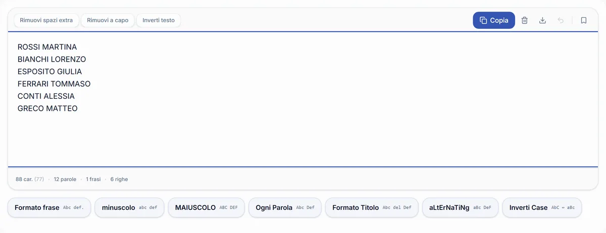 Il convertitore maiuscole e minuscole di RegisPro con un elenco di alunni scritto tutto in maiuscolo e i sette formati disponibili sotto, da Formato frase a Inverti case.