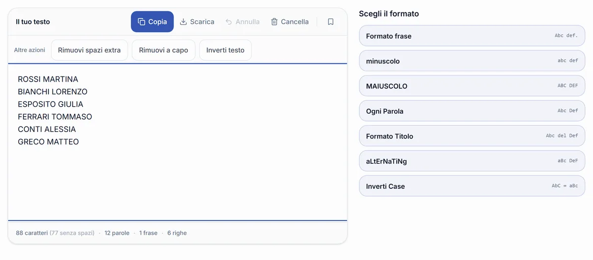 Il convertitore maiuscole e minuscole di RegisPro con un elenco di alunni scritto tutto in maiuscolo e i sette formati disponibili sotto, da Formato frase a Inverti case.