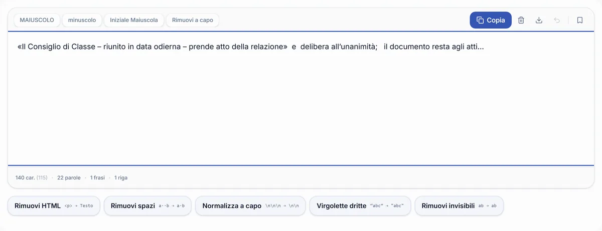 Lo strumento di RegisPro che ripulisce un verbale copiato da Word: virgolette curve, trattini lunghi e spazi doppi tornano testo semplice.