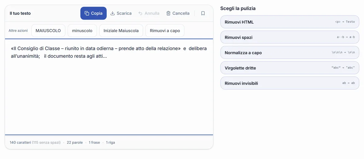 Lo strumento di RegisPro che ripulisce un verbale copiato da Word: virgolette curve, trattini lunghi e spazi doppi tornano testo semplice.