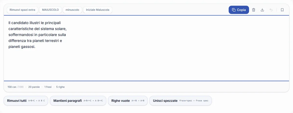 Lo strumento di RegisPro che elimina gli a capo da una traccia d'esame copiata da un PDF e la ricompone in un paragrafo continuo.