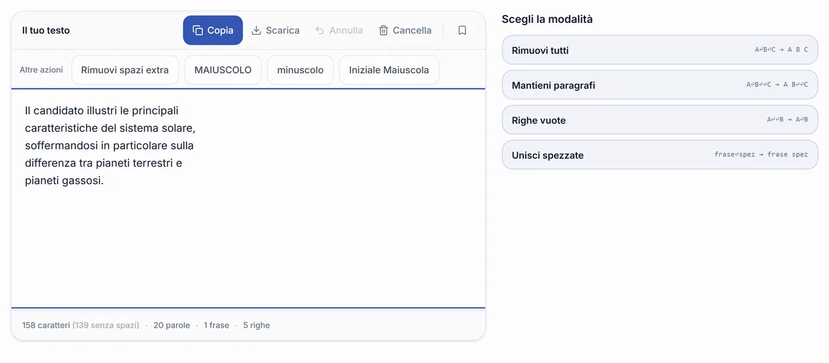 Lo strumento di RegisPro che elimina gli a capo da una traccia d'esame copiata da un PDF e la ricompone in un paragrafo continuo.