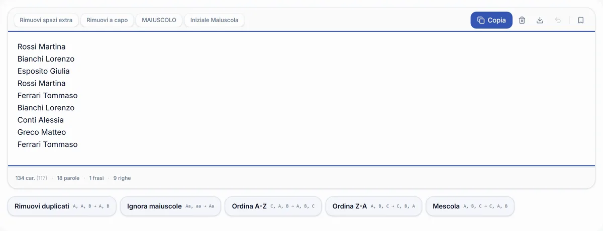 Lo strumento di RegisPro con un elenco classe che contiene tre nomi ripetuti, e il pulsante Rimuovi duplicati pronto insieme alle opzioni di ordinamento.