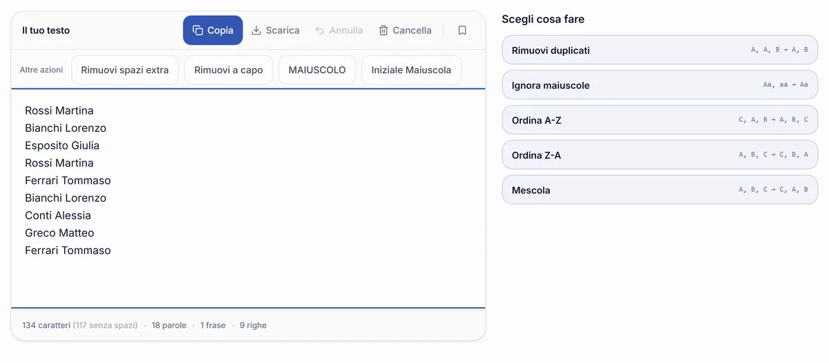 Lo strumento di RegisPro con un elenco classe che contiene tre nomi ripetuti, e il pulsante Rimuovi duplicati pronto insieme alle opzioni di ordinamento.